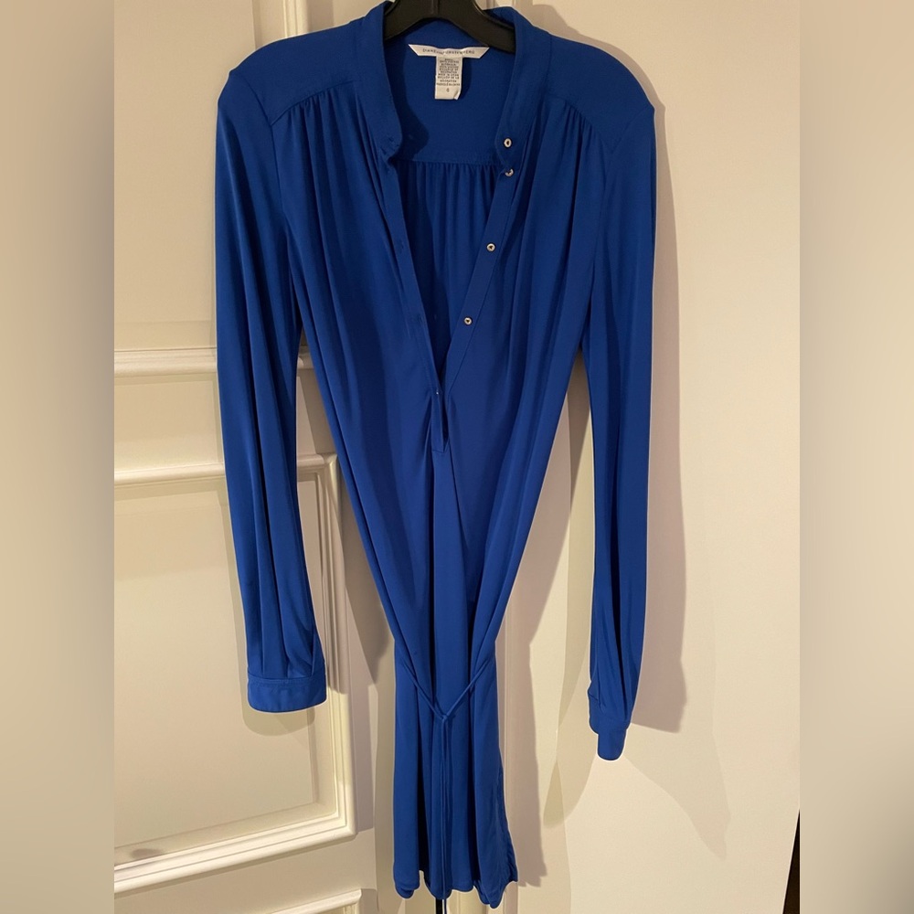 Blue Long-Sleeve Button-Up Dress by DVF